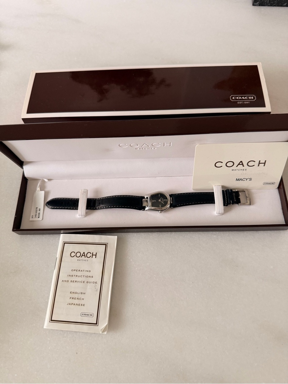 Coach Women's Black Leather Strap Watch with Silver Case